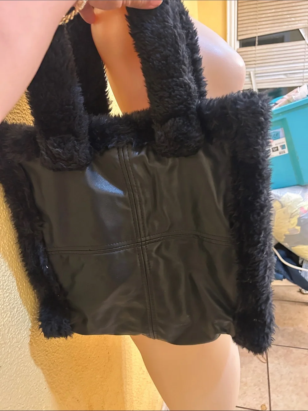 Black Faux Leather Tote with Plush Faux Fur Trim